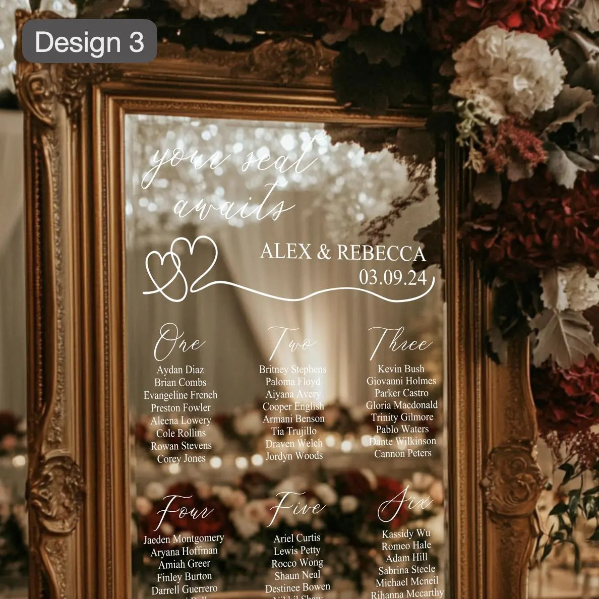 Plano de asientos en el espejo de la boda